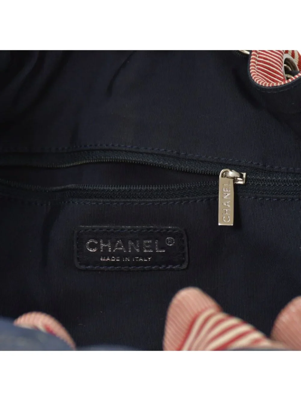 Chanel Coco Cabas GM Chain Tote Bag CC Logo Denim Canvas Stripe Silver
